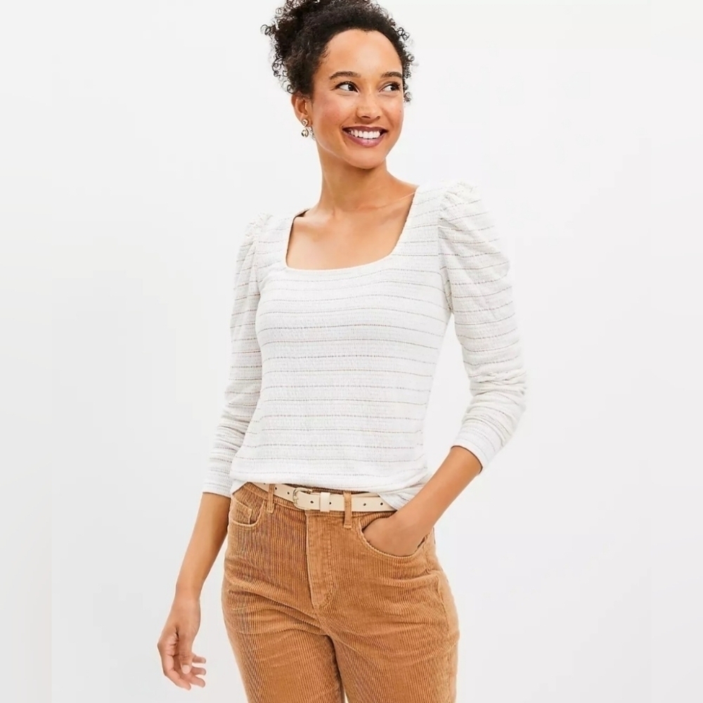 NWT | Ann Taylor LOFT | Sparkle Puff Sleeve Square Neck Top | M | Whisper White